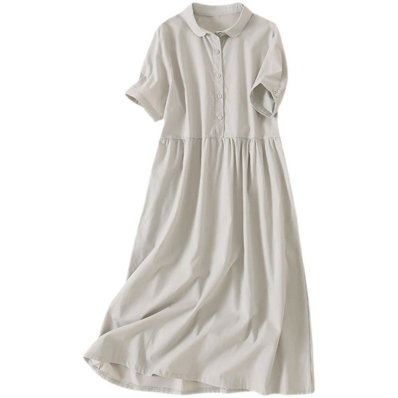 Sukienka midi z krótkim rękawem z bawełny i lnu z kieszeniami i letnimi guzikami Buddha Stones - image 17