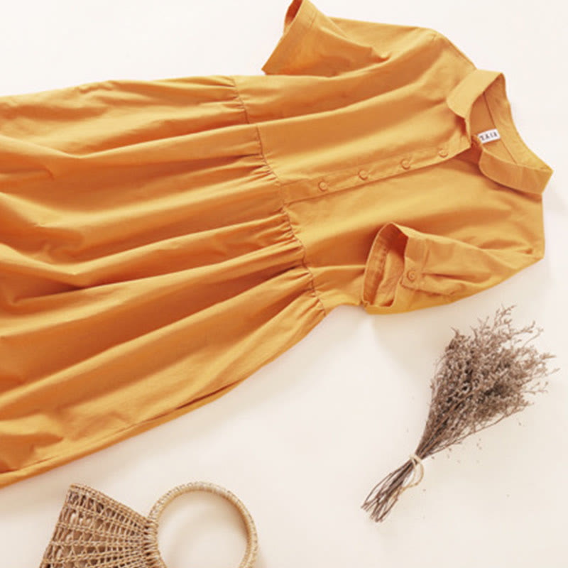 Sukienka midi z krótkim rękawem z bawełny i lnu z kieszeniami i letnimi guzikami Buddha Stones - image 20