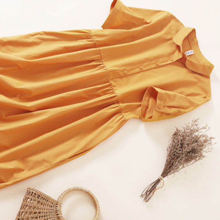 Sukienka midi z krótkim rękawem z bawełny i lnu z kieszeniami i letnimi guzikami Buddha Stones - image 20