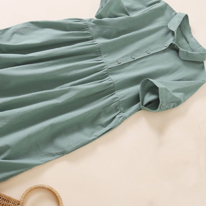 Sukienka midi z krótkim rękawem z bawełny i lnu z kieszeniami i letnimi guzikami Buddha Stones - image 25