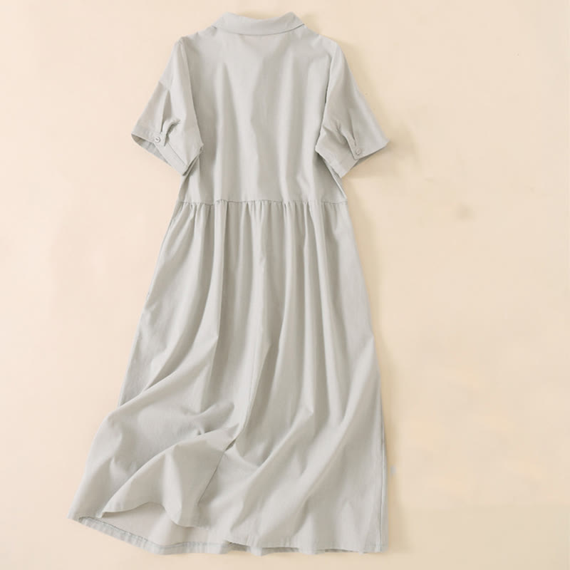 Sukienka midi z krótkim rękawem z bawełny i lnu z kieszeniami i letnimi guzikami Buddha Stones - image 6