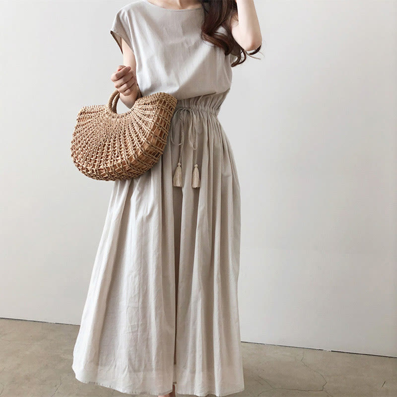 Sukienka midi z krótkim rękawem z bawełny i lnu Buddha Stones w swobodnym, wschodnim stylu ze ściągaczem w talii - Bielizna - US8-10，UK/AU12-14，EU40-42 (2XL) - image 0