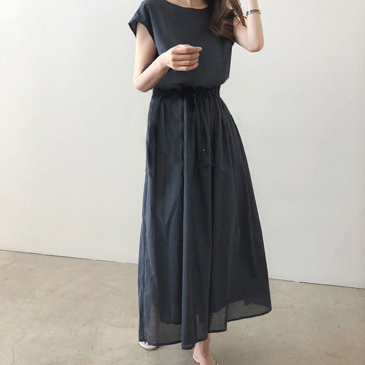 Sukienka midi z krótkim rękawem z bawełny i lnu Buddha Stones w swobodnym, wschodnim stylu ze ściągaczem w talii - Stalowoniebieski - US8-10，UK/AU12-14，EU40-42 (2XL) - image 13