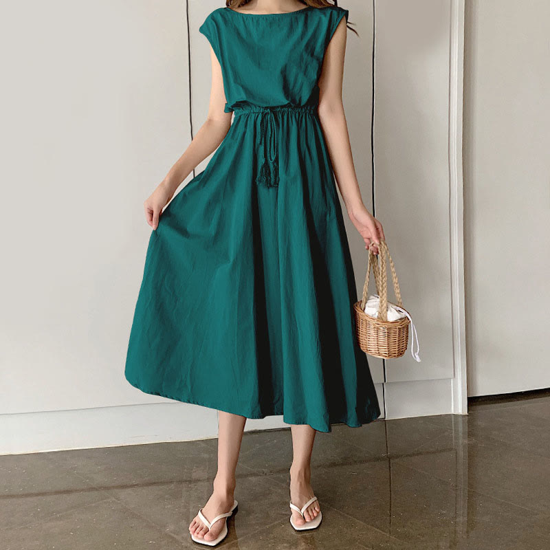 Sukienka midi z krótkim rękawem z bawełny i lnu Buddha Stones w swobodnym, wschodnim stylu ze ściągaczem w talii - LightSeaGreen - US8-10，UK/AU12-14，EU40-42 (2XL) - image 22