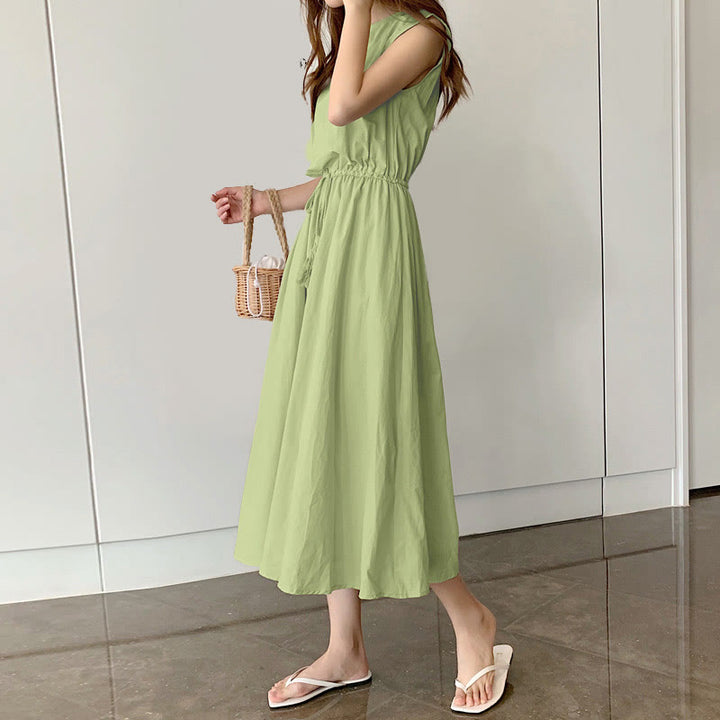 Sukienka midi z krótkim rękawem z bawełny i lnu Buddha Stones w swobodnym, wschodnim stylu ze ściągaczem w talii - Jasnozielony - US8-10，UK/AU12-14，EU40-42 (2XL) - image 27