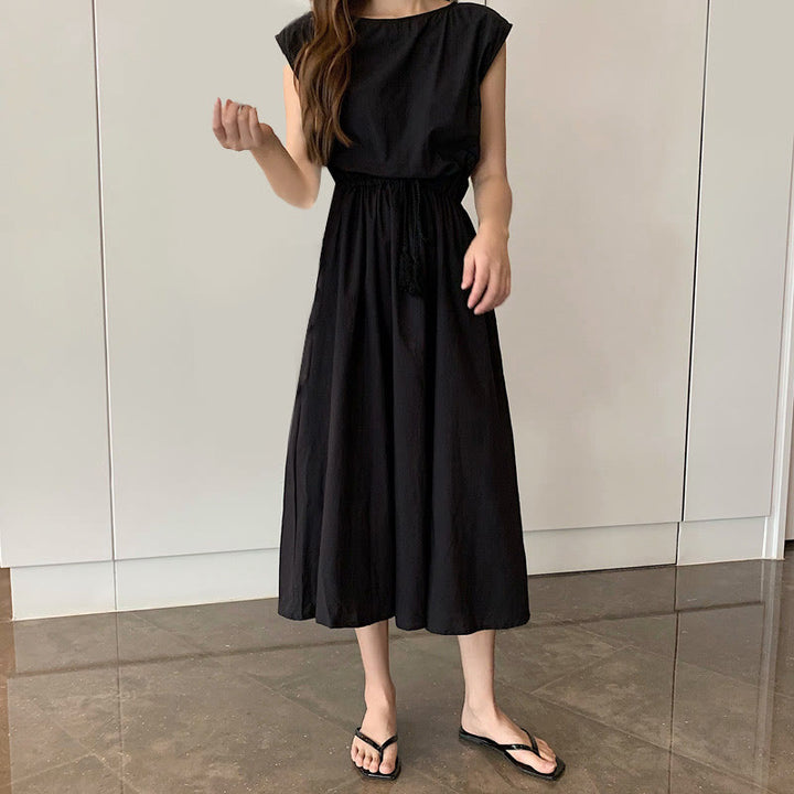 Sukienka midi z krótkim rękawem z bawełny i lnu Buddha Stones w swobodnym, wschodnim stylu ze ściągaczem w talii - Czarny - US8-10，UK/AU12-14，EU40-42 (2XL) - image 11