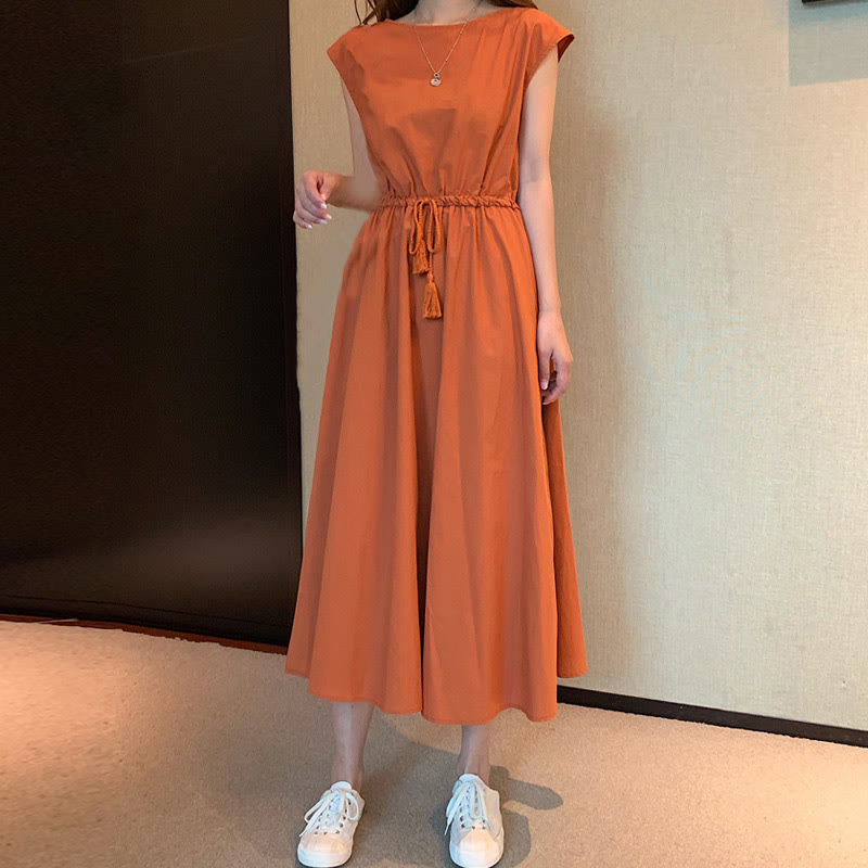 Sukienka midi z krótkim rękawem z bawełny i lnu Buddha Stones w swobodnym, wschodnim stylu ze ściągaczem w talii - Ciemnopomarańczowy - US8-10，UK/AU12-14，EU40-42 (2XL) - image 25