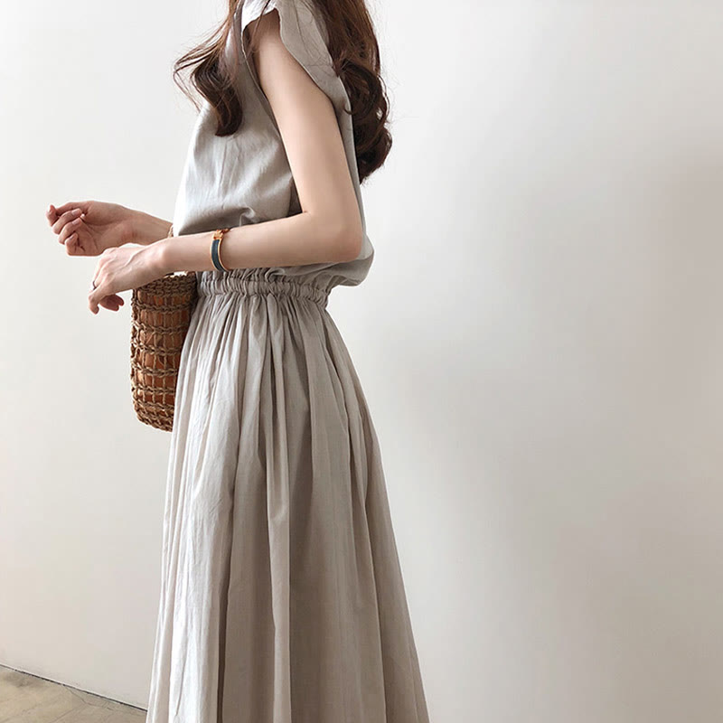 Sukienka midi z krótkim rękawem z bawełny i lnu Buddha Stones w swobodnym, wschodnim stylu ze ściągaczem w talii - image 6