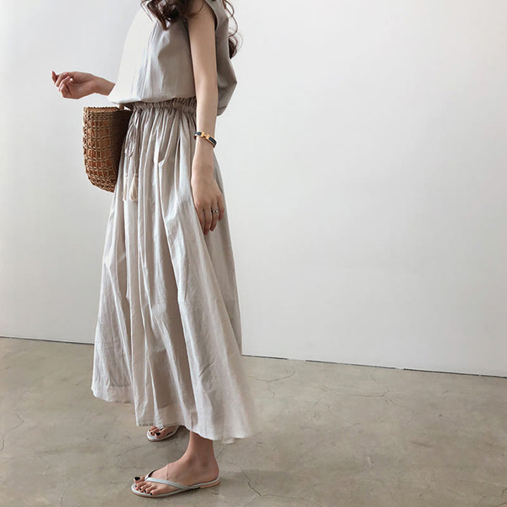 Sukienka midi z krótkim rękawem z bawełny i lnu Buddha Stones w swobodnym, wschodnim stylu ze ściągaczem w talii - image 7