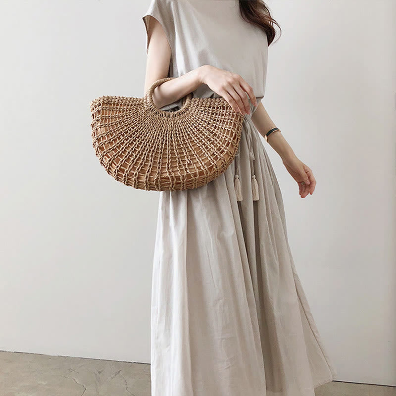 Sukienka midi z krótkim rękawem z bawełny i lnu Buddha Stones w swobodnym, wschodnim stylu ze ściągaczem w talii - image 5