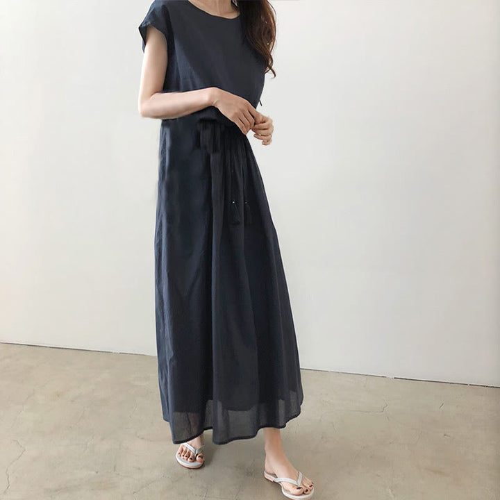 Sukienka midi z krótkim rękawem z bawełny i lnu Buddha Stones w swobodnym, wschodnim stylu ze ściągaczem w talii - image 16