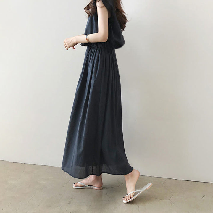 Sukienka midi z krótkim rękawem z bawełny i lnu Buddha Stones w swobodnym, wschodnim stylu ze ściągaczem w talii - image 17