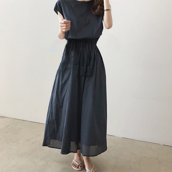 Sukienka midi z krótkim rękawem z bawełny i lnu Buddha Stones w swobodnym, wschodnim stylu ze ściągaczem w talii - image 15