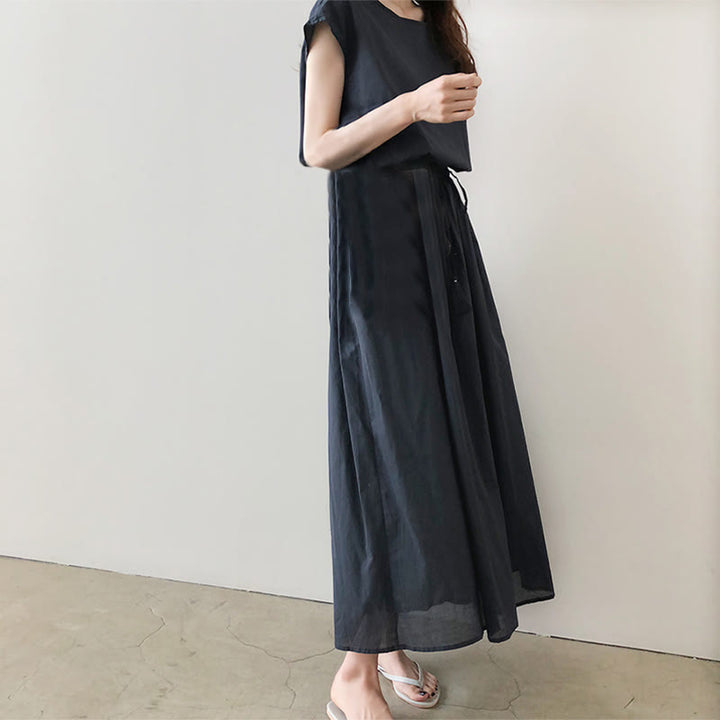 Sukienka midi z krótkim rękawem z bawełny i lnu Buddha Stones w swobodnym, wschodnim stylu ze ściągaczem w talii - image 20