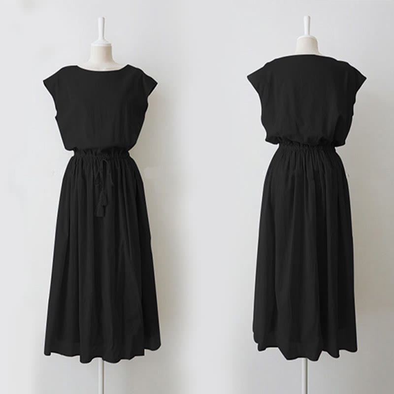 Sukienka midi z krótkim rękawem z bawełny i lnu Buddha Stones w swobodnym, wschodnim stylu ze ściągaczem w talii - image 12