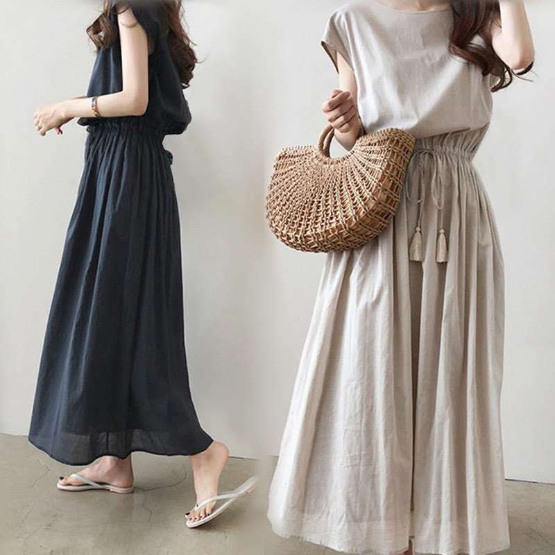 Sukienka midi z krótkim rękawem z bawełny i lnu Buddha Stones w swobodnym, wschodnim stylu ze ściągaczem w talii - image 10