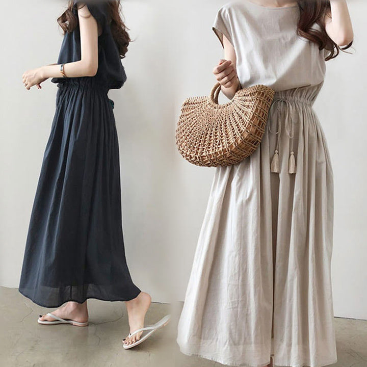 Sukienka midi z krótkim rękawem z bawełny i lnu Buddha Stones w swobodnym, wschodnim stylu ze ściągaczem w talii - image 10