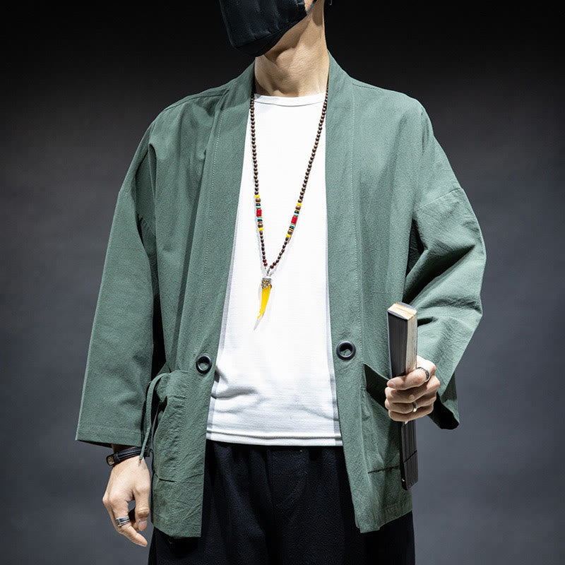 Buddha Stones Jednokolorowa sznurowana kurtka z otwartym przodem Bawełniane męskie kimono - ŚredniaAkwamaryna - US/UK/AU46， EU56 (5XL) - image 22