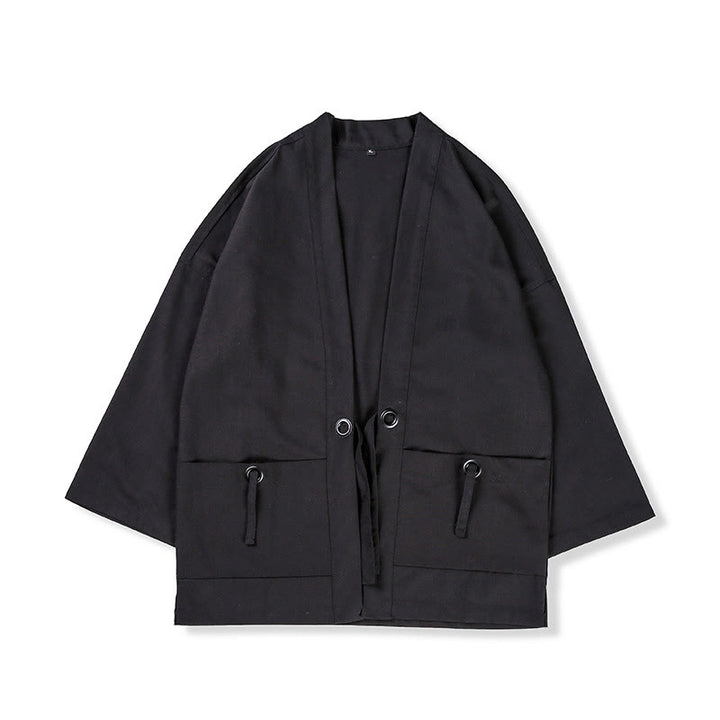 Buddha Stones Jednokolorowa sznurowana kurtka z otwartym przodem Bawełniane męskie kimono - image 11