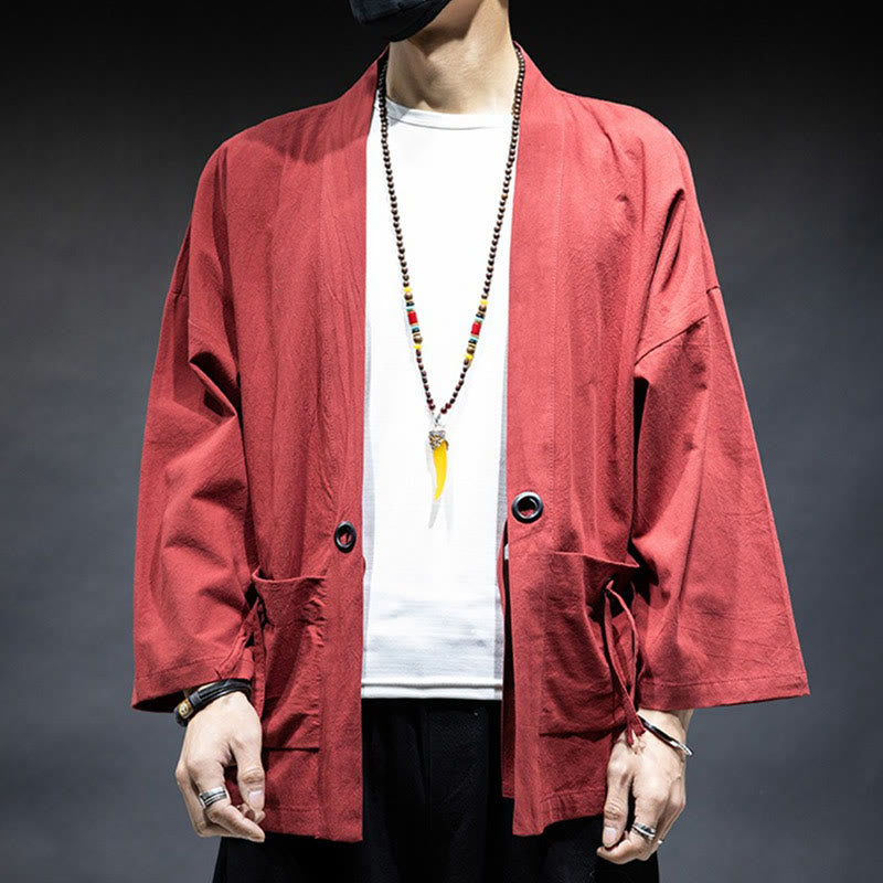 Buddha Stones Jednokolorowa sznurowana kurtka z otwartym przodem Bawełniane męskie kimono - image 16
