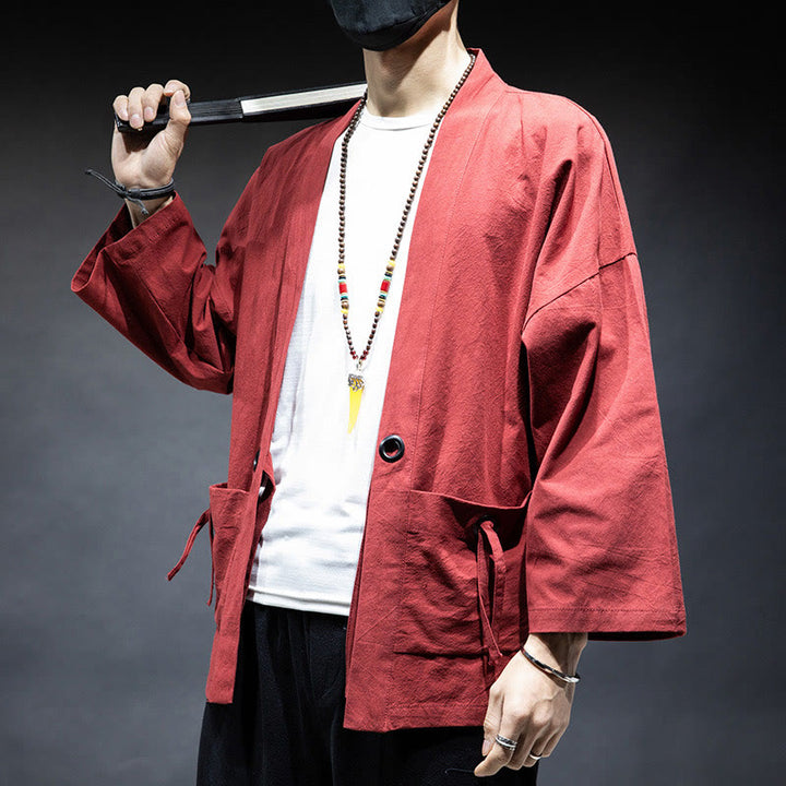 Buddha Stones Jednokolorowa sznurowana kurtka z otwartym przodem Bawełniane męskie kimono - image 19