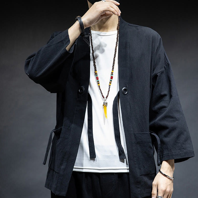 Buddha Stones Jednokolorowa sznurowana kurtka z otwartym przodem Bawełniane męskie kimono - image 9