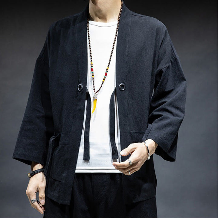 Buddha Stones Jednokolorowa sznurowana kurtka z otwartym przodem Bawełniane męskie kimono - image 6