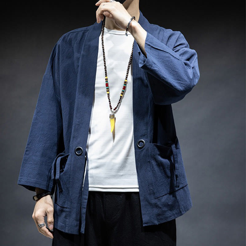 Buddha Stones Jednokolorowa sznurowana kurtka z otwartym przodem Bawełniane męskie kimono - image 3