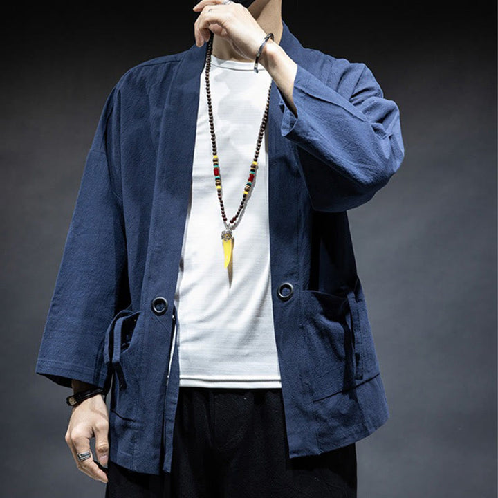 Buddha Stones Jednokolorowa sznurowana kurtka z otwartym przodem Bawełniane męskie kimono - image 3