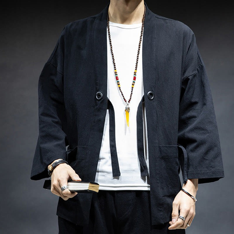 Buddha Stones Jednokolorowa sznurowana kurtka z otwartym przodem Bawełniane męskie kimono - image 8