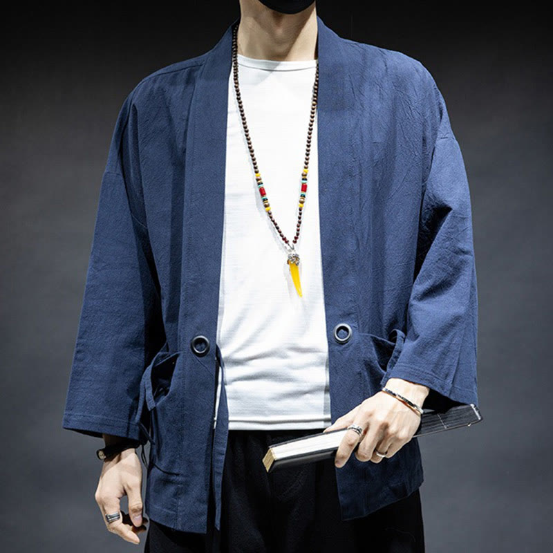 Buddha Stones Jednokolorowa sznurowana kurtka z otwartym przodem Bawełniane męskie kimono - image 2