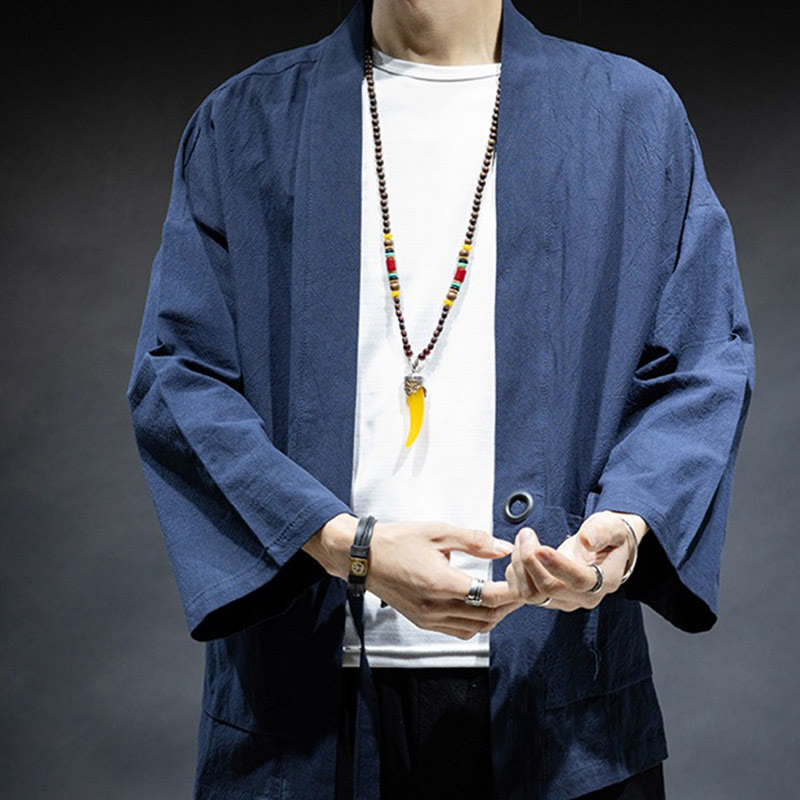 Buddha Stones Jednokolorowa sznurowana kurtka z otwartym przodem Bawełniane męskie kimono - image 1