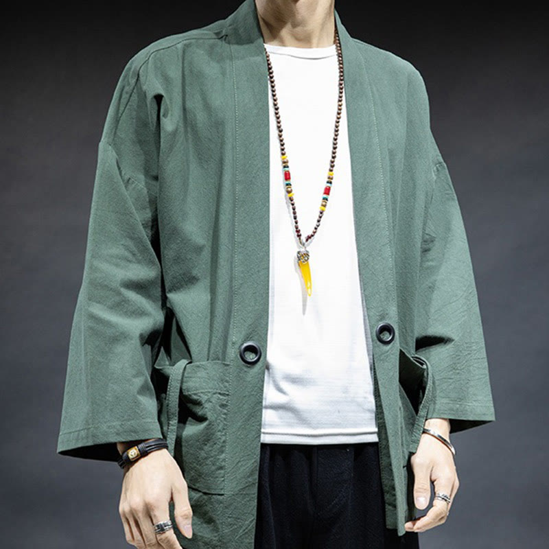 Buddha Stones Jednokolorowa sznurowana kurtka z otwartym przodem Bawełniane męskie kimono - image 24