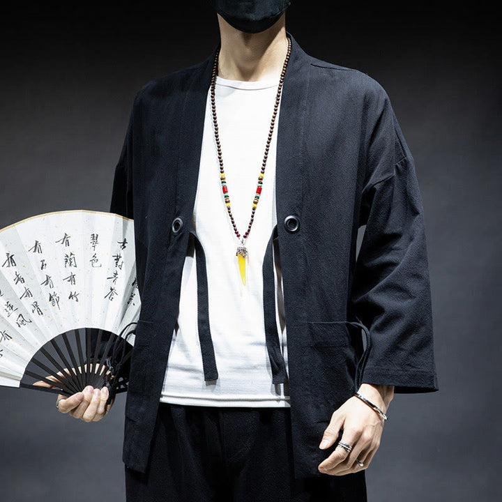 Buddha Stones Jednokolorowa sznurowana kurtka z otwartym przodem Bawełniane męskie kimono - image 10