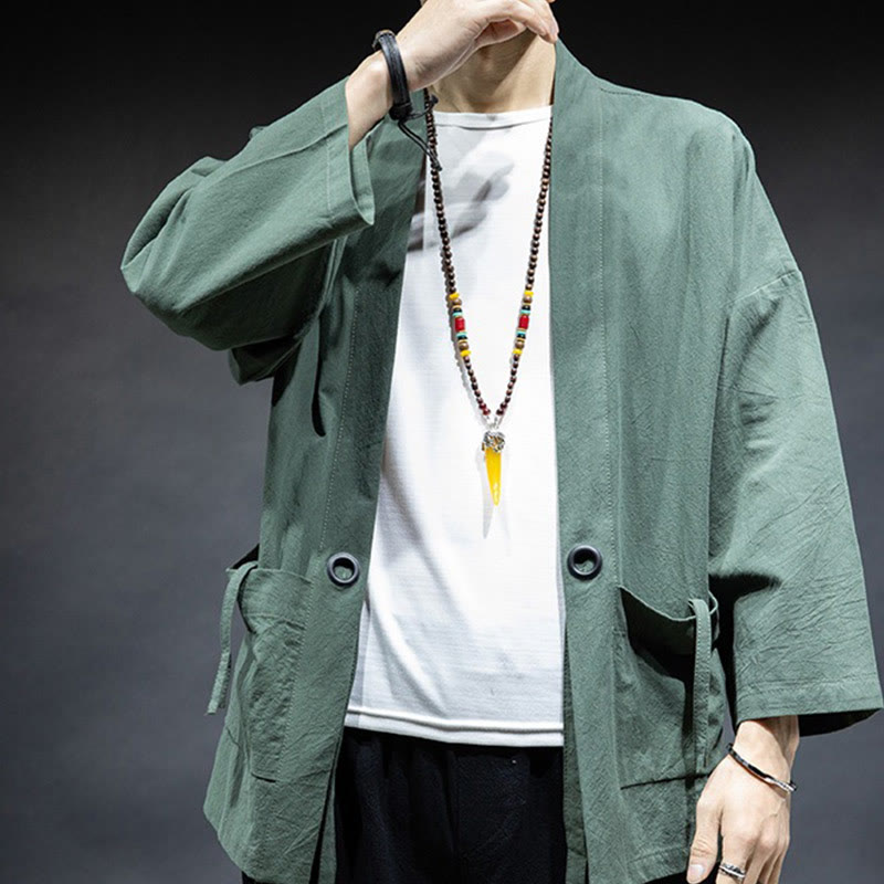 Buddha Stones Jednokolorowa sznurowana kurtka z otwartym przodem Bawełniane męskie kimono - image 25