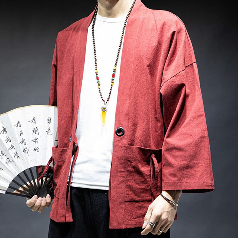 Buddha Stones Jednokolorowa sznurowana kurtka z otwartym przodem Bawełniane męskie kimono - image 13