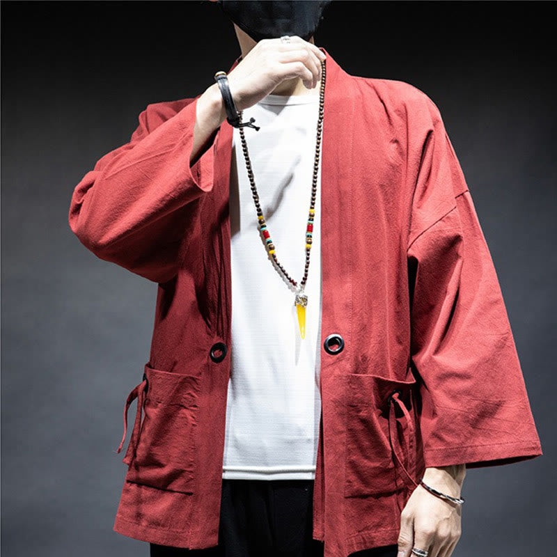 Buddha Stones Jednokolorowa sznurowana kurtka z otwartym przodem Bawełniane męskie kimono - image 15