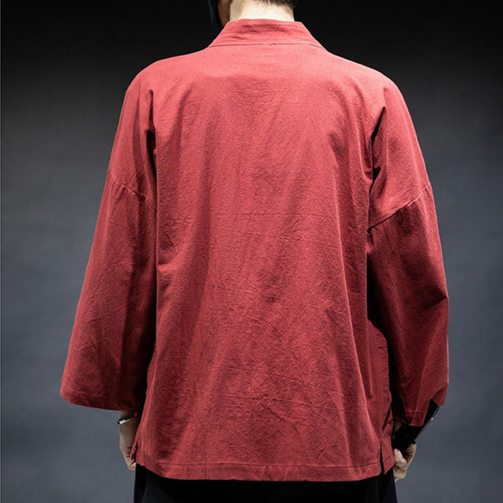 Buddha Stones Jednokolorowa sznurowana kurtka z otwartym przodem Bawełniane męskie kimono