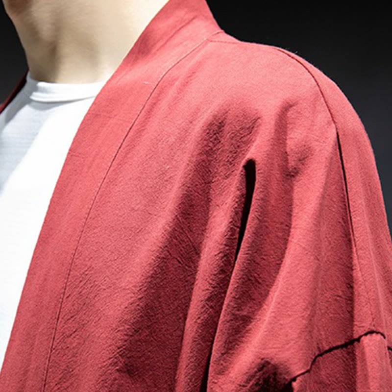 Buddha Stones Jednokolorowa sznurowana kurtka z otwartym przodem Bawełniane męskie kimono - image 20