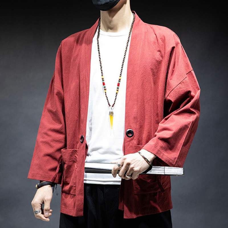 Buddha Stones Jednokolorowa sznurowana kurtka z otwartym przodem Bawełniane męskie kimono - image 18