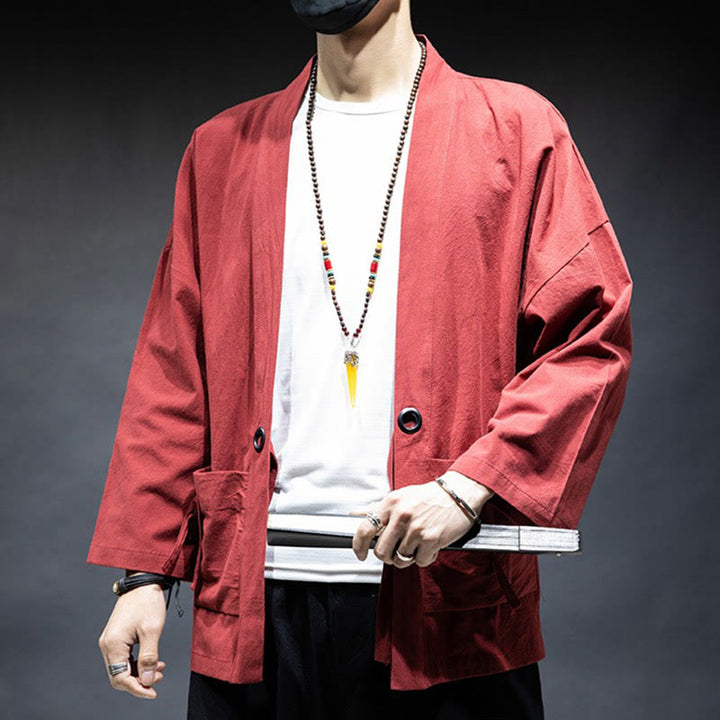 Buddha Stones Jednokolorowa sznurowana kurtka z otwartym przodem Bawełniane męskie kimono - image 18