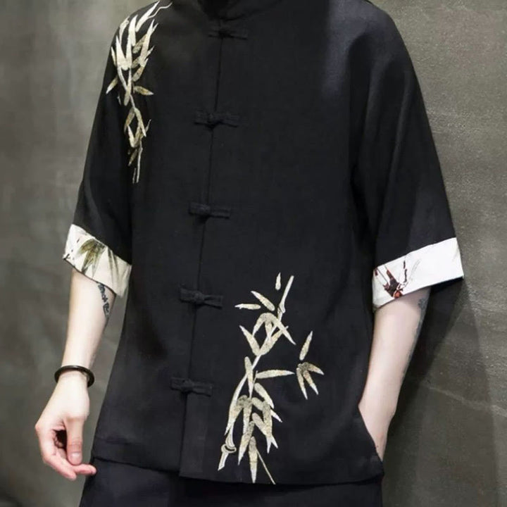 Koszula męska z krótkim rękawem i żabim guzikiem z lnu bambusowego Buddha Stones - image 3