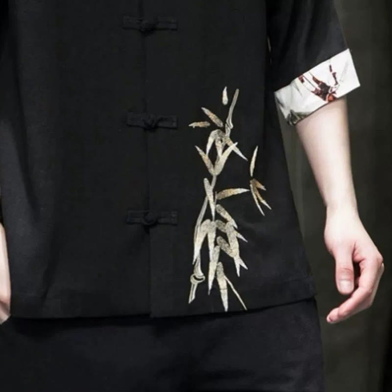 Koszula męska z krótkim rękawem i żabim guzikiem z lnu bambusowego Buddha Stones - image 4