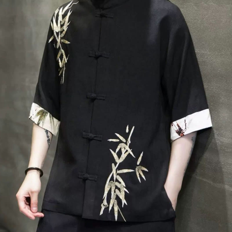 Koszula męska z krótkim rękawem i żabim guzikiem z lnu bambusowego Buddha Stones - image 3