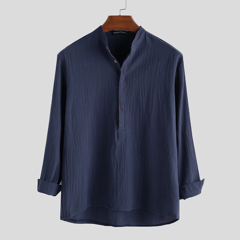 Koszule męskie z długim rękawem z bawełny w jednolitym kolorze z Buddha Stones na pół guziki - Stalowoniebieski - US/UK/AU42， EU52 (3XL) - image 4