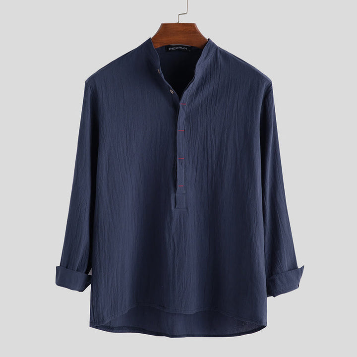 Koszule męskie z długim rękawem z bawełny w jednolitym kolorze z Buddha Stones na pół guziki - Stalowoniebieski - US/UK/AU42， EU52 (3XL) - image 4
