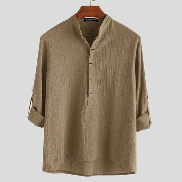 Koszule męskie z długim rękawem z bawełny w jednolitym kolorze z Buddha Stones na pół guziki - Dębnik - US/UK/AU42， EU52 (3XL) - image 7