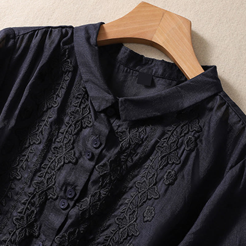 Koszula damska z haftowanymi guzikami i kwiatowym wzorem w Buddha Stones , rękaw trzy czwarte, klapa, bawełna, len - image 28