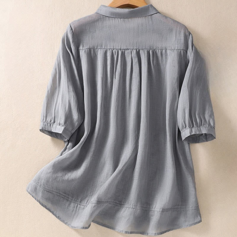 Koszula damska z haftowanymi guzikami i kwiatowym wzorem w Buddha Stones , rękaw trzy czwarte, klapa, bawełna, len - image 14