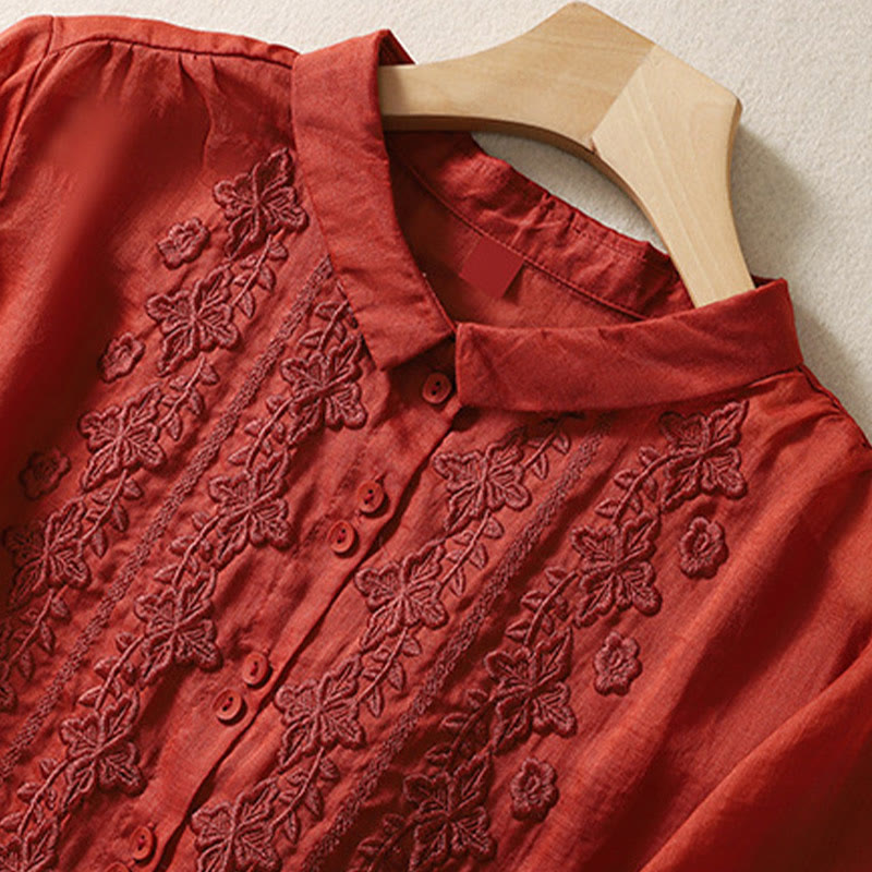 Koszula damska z haftowanymi guzikami i kwiatowym wzorem w Buddha Stones , rękaw trzy czwarte, klapa, bawełna, len - image 21